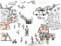 Em seu desenho, Rahaf, 11 anos, retrata a dura realidade em Gaza, com tendas improvisadas, edif&iacute;cios em ru&iacute;nas, pessoas feridas e bombardeios a&eacute;reos israelenses.